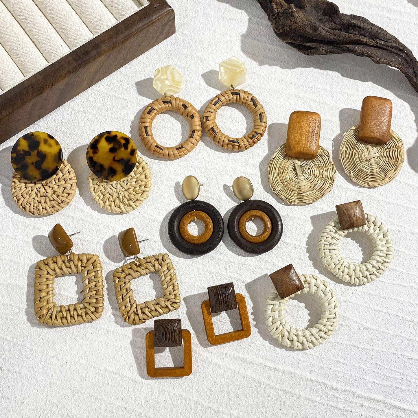 Hemasa Rattan Wooden Braid Drop Earrings for Women /Bohemia Ethnic Geometric Round Ball Square Earrings
