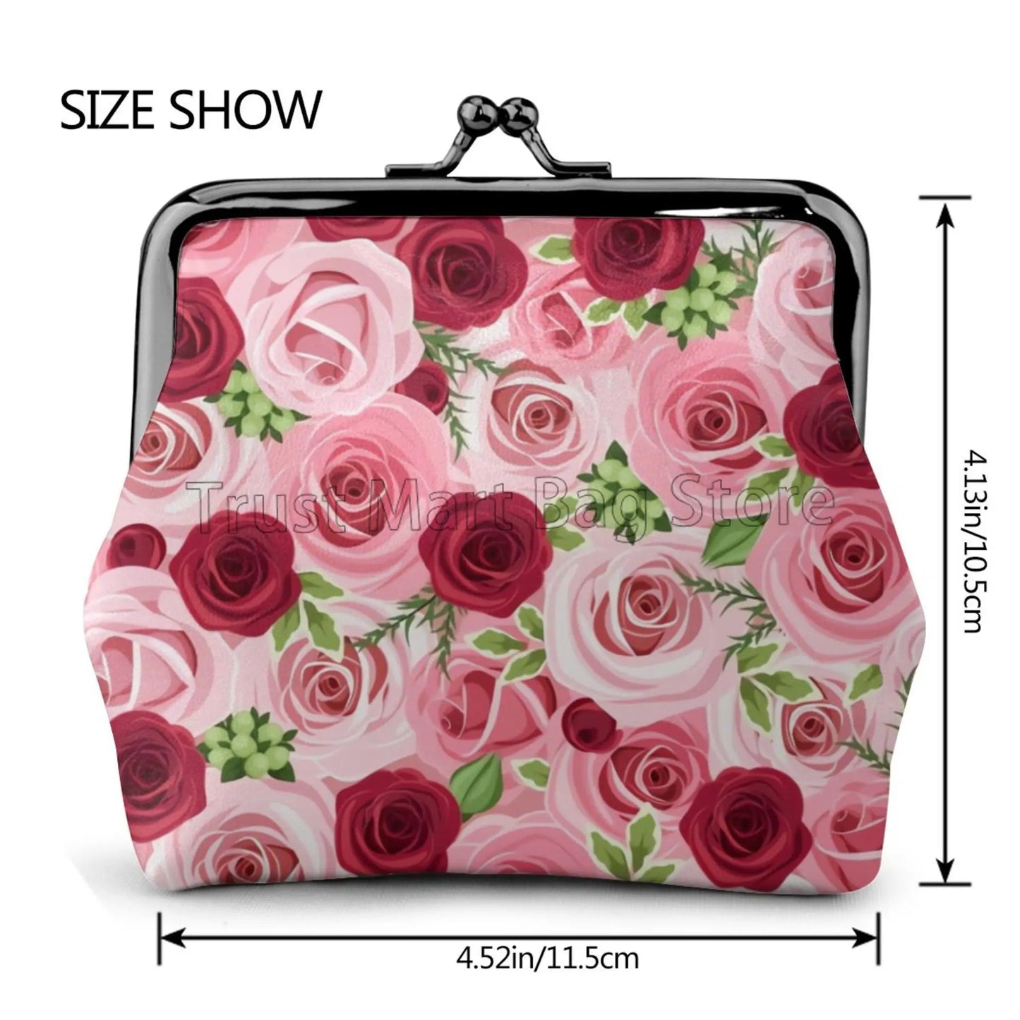 Hemasa Pink Red Rose Print Leather Coin Purse Small Kiss-Lock Change Pouch Clasp Closure Buckle Wallet for Women /Girls /Wife