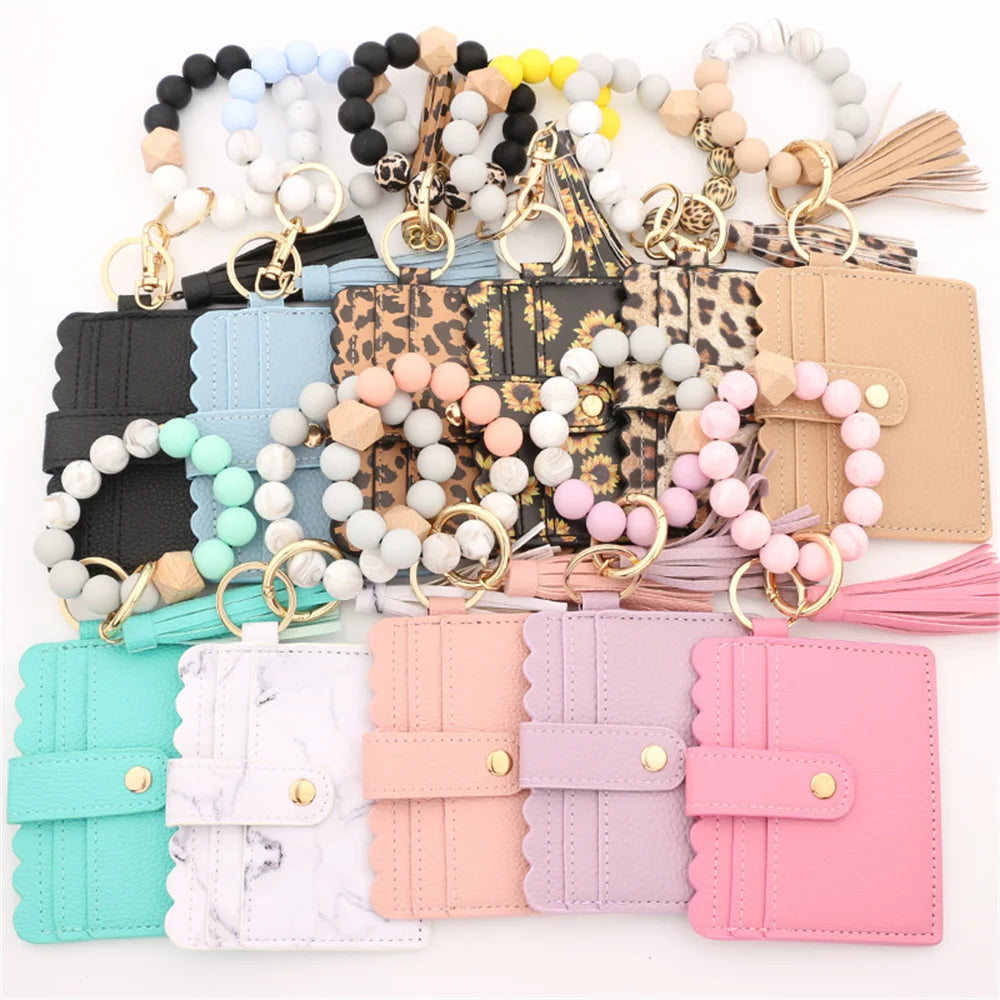Hemasa Silicone Beads Bracelet With Leopard Print Silicone Bead Bracelet PU Tassel Womens Leather Wallet Key Wrist Keychain Pendant