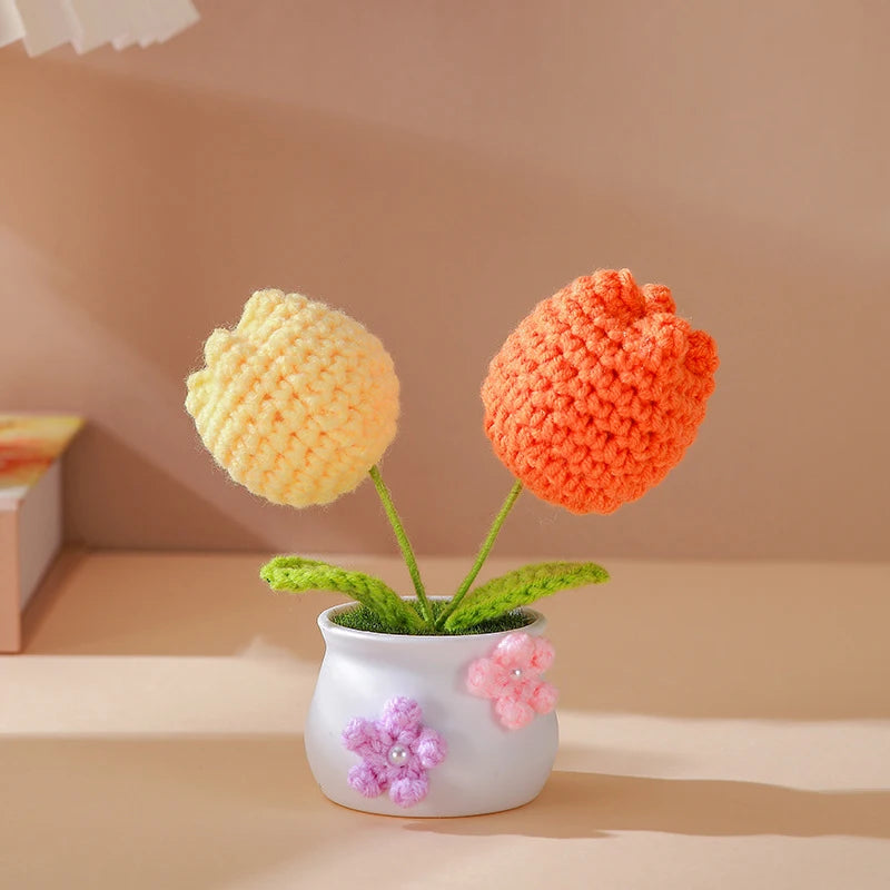 Hemasa Kintted Flower Potted Mini Artificial Flowers/Plant Hand Woven Crochet Tulips Flowers