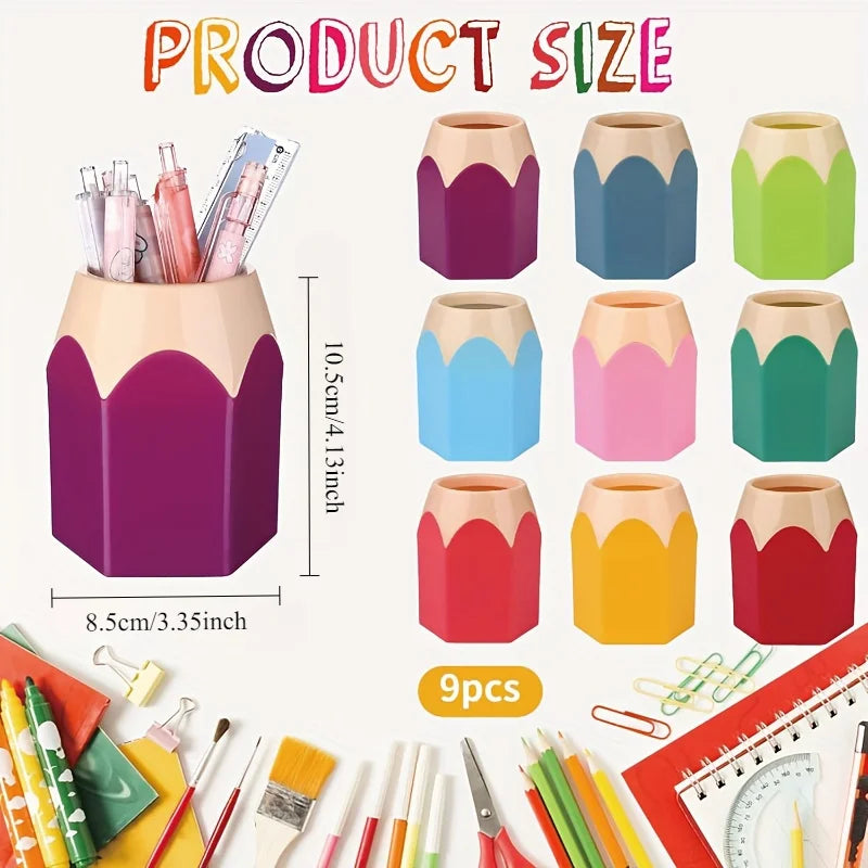 Tejesa 9/6pcs Cartoon Pencil-Shaped Desk Organizer Set | PE Plastic Pen Holder with Cup and Box, Office Colorful Stationery Storage
