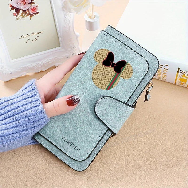 Mickey Minnie Mouse Pu Leather Wallet Women Zipper Frosted Coin Purse Ladies Credit ID Card Holder Disney Versatile Long Wallet