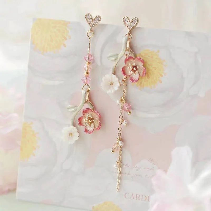 Summer Cute Green Flower Stud Earrings for Women Korean Fashion Temperament Long Tassel Asymmetrical Earring Party Jewelry Gift