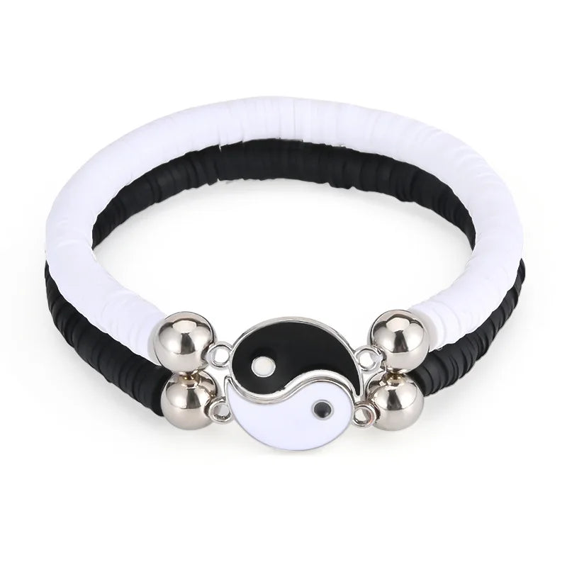 2Pcs/Set Tai Chi Yin Yang Bracelet for Women Girls Best Friends Black White Clay Beads Bracelets Fashion Friendship Jewelry