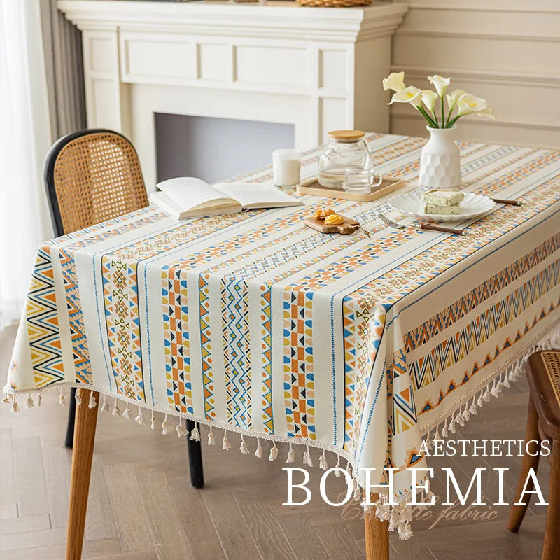 Cotton Linen Tablecloth with Tassel Waterproof Oil-proof Bohemian Style Table Cover Home Decor Camping Picnic Party Table Cloth