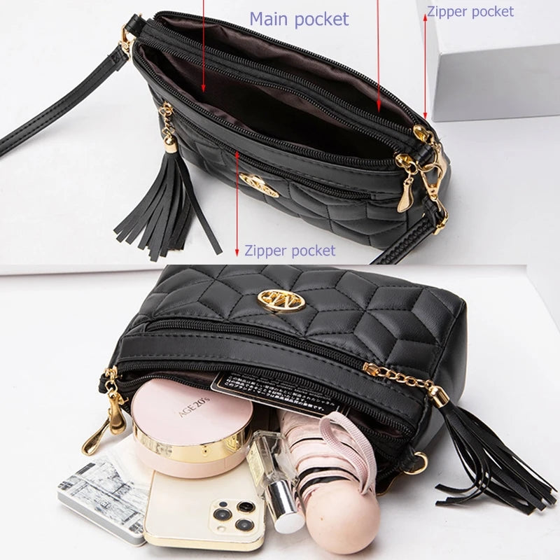 Hemasa Double Zipper Crossbody Diamond Lattice Shoulder Bag Tassel Decoration  Zipper handBag