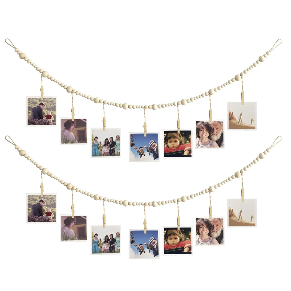Wooden Beads Garland Wall Hanging Photo Display Boho Christmas Picture Card Frame for Home Decor Living Room Bedroom Rustic Deco