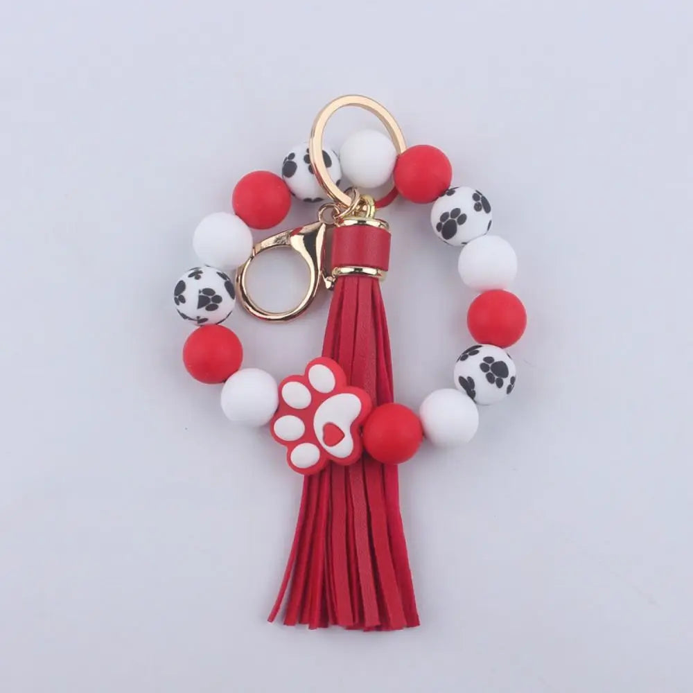 Creative Wristlet Keychain Portable Silicone Beaded Dog Claw Pendant Bracelet with Leather Tassel English Alphabet