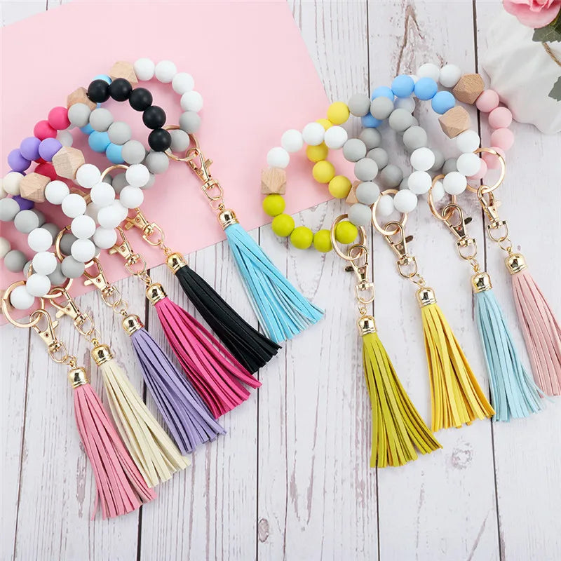 Hemasa  Silicone Wood Beads Keychain Keyring For Women Wristlet Bracelet Pendant Keychain With Jewelry Accessories