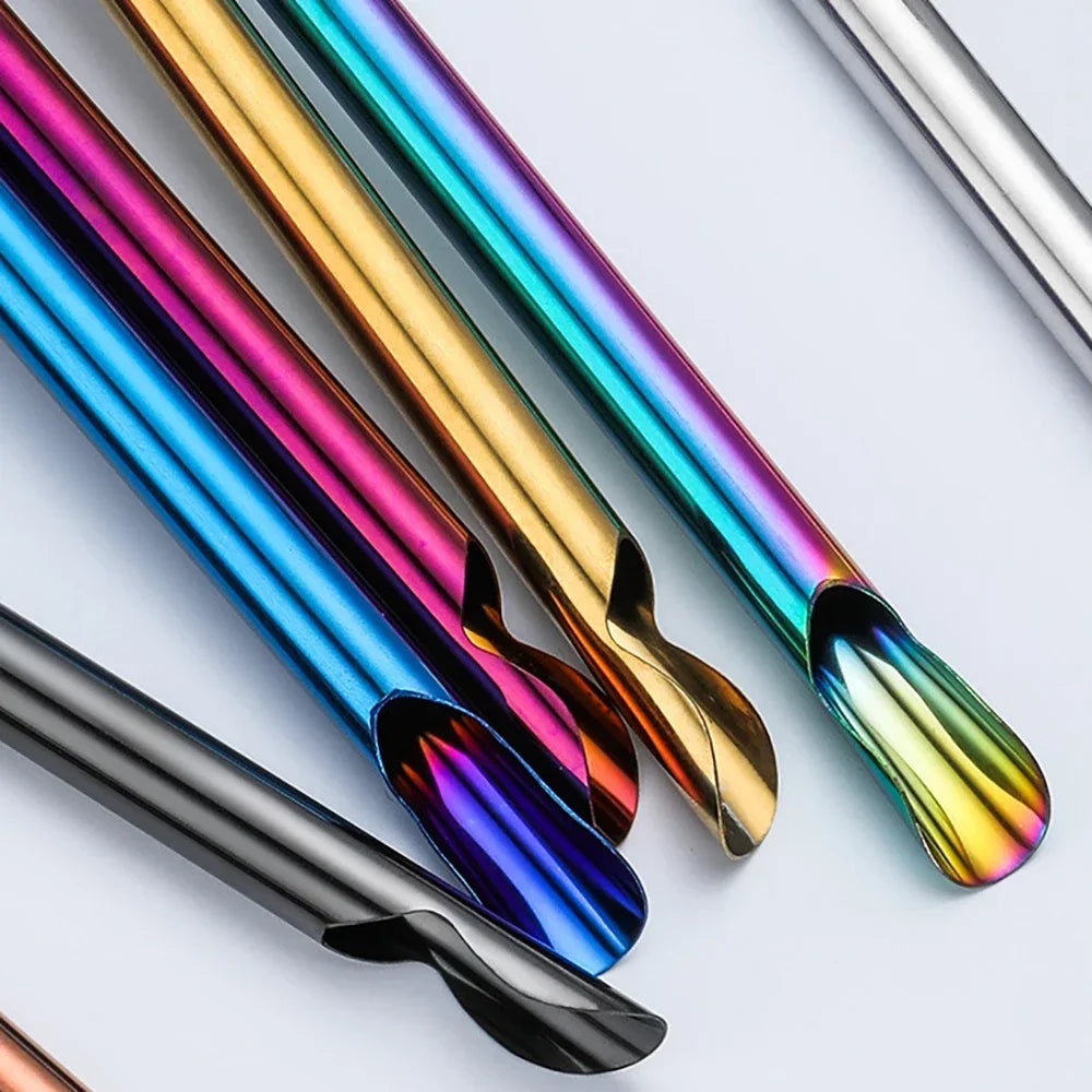 Hemasa 2Pcs  Stainless Steel Reusable Spoon Drinking Straw  Stirring Spoon with Brush Set