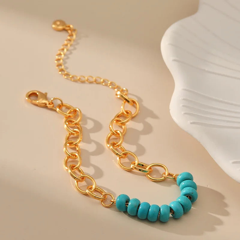 Fashion Blue Turquoise Bracelets Handmade Natural Stone with Gold Plated Beaded Bracelet for Men Women Vintage Jewelry Gift