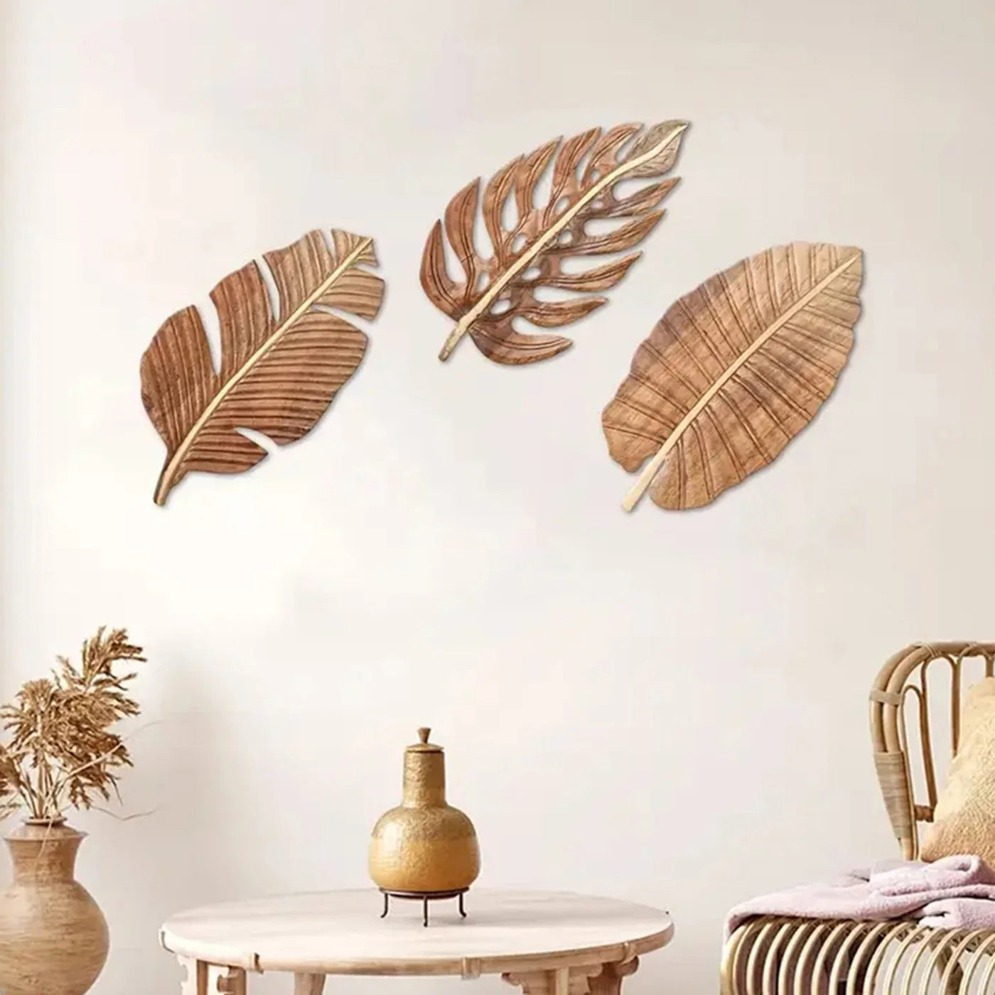 Hemasa 3pcs Wood Leaf Wall Art Decor, Bohemian Home Decor, Wood Wall Sculptures for Living Room, Indoor Wall Hanging Decoration
