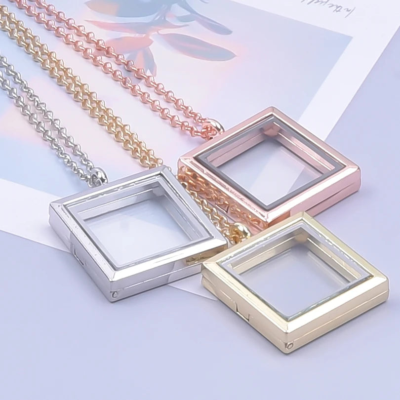 Fashion Neckale for Women Rose Gold Color Glass Floating Locket Alloy Pendant Medallion Photo Collars 60cm O-shape Chain Jewelry