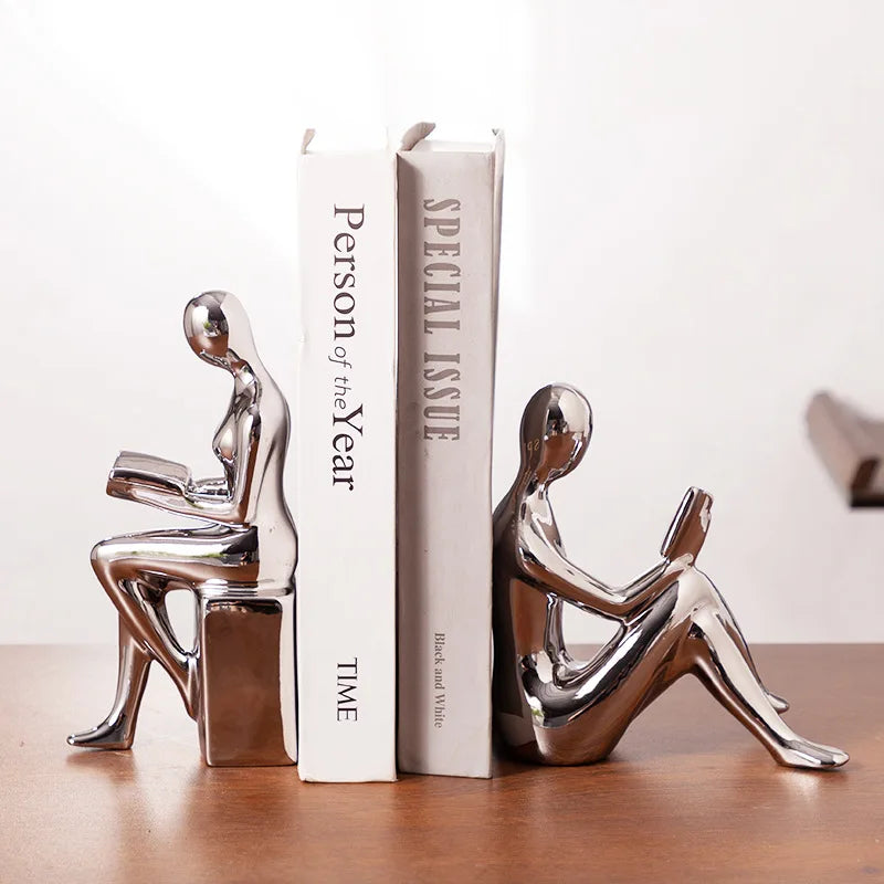 Hemasa Modern 1Set/2Pcs Ceramic Girl Figure Book Block Book Shelf Stopper Holder Bookend Home Desktop Study Room Ornament Sculpture