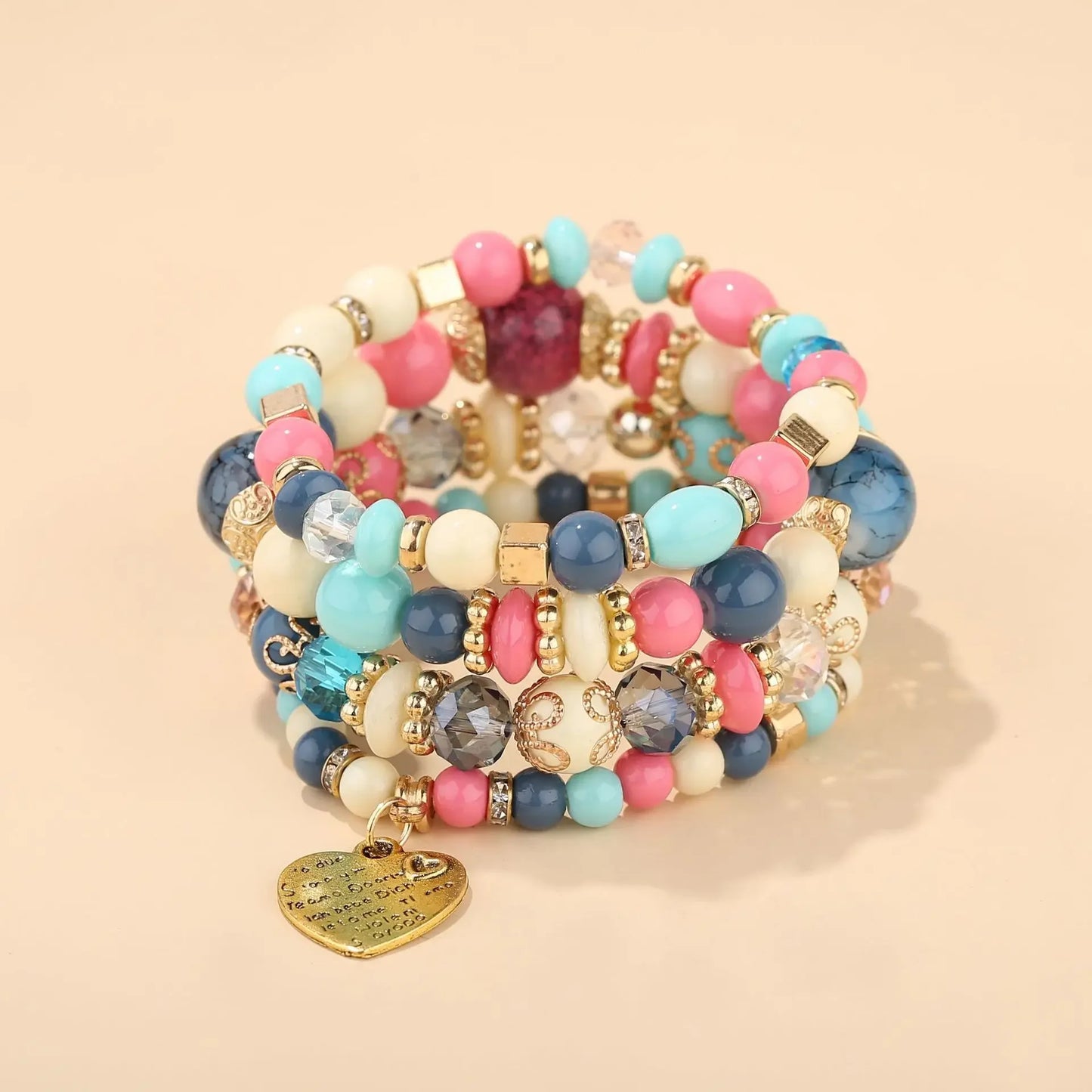4Pcs Boho Crystal Beads Chain Bracelet Set For Women Vintage Heart Charm Elastic Bangle Female Fashion Party Jewelry