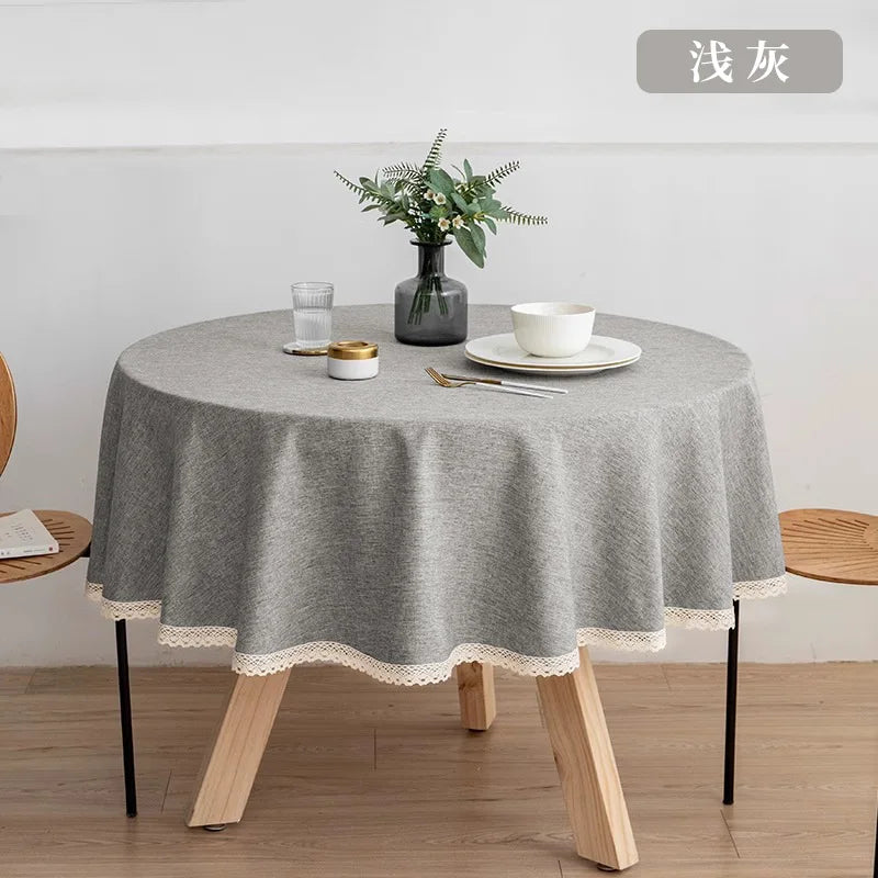 New Large Round Tablecloth Solid Color Cotton Linen Waterproof Table Cloth Oil-Proof Table Cover for Kitchen Garden Restaurant