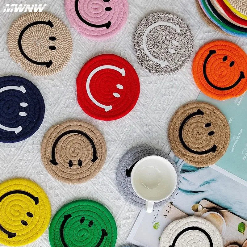 Hemasa Smiling Face Round Mat Woven Placemats Anti Slip Dining Table /Cup Coasters(Set of 6)