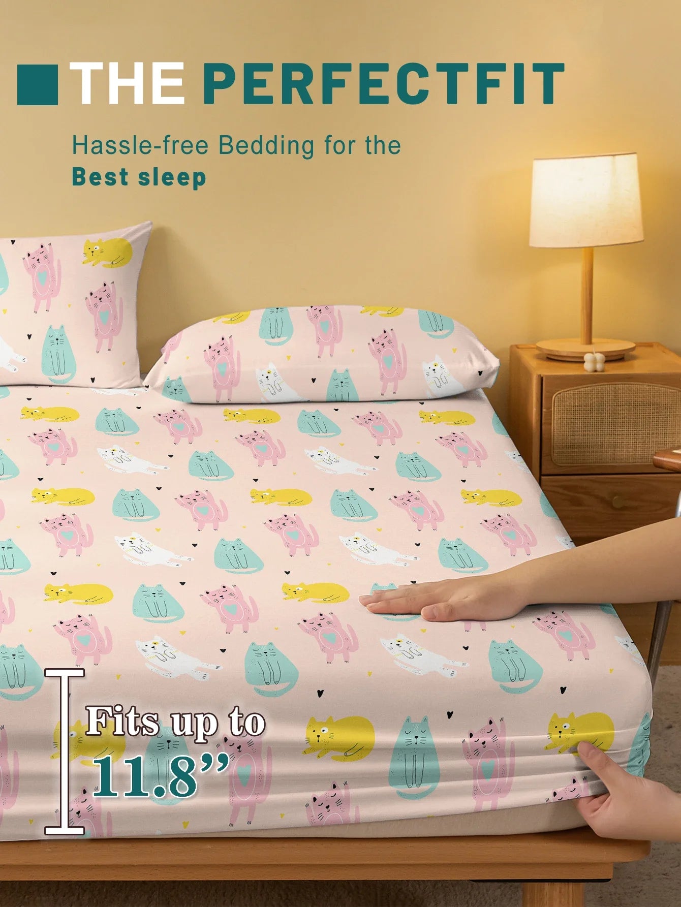 1 Cartoon Cute animal Cat Printed Matte Fitted Sheet, Bedroom Printed Bed Cover, Bedding (Excluding Pillowcases)