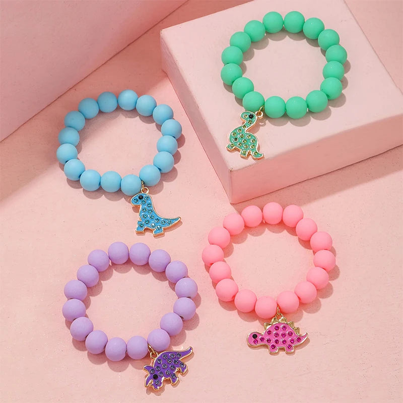 4Pack Cute Cartoon Dinosaur Charm Handmade Elastic Bracelets for Girls Jewelry Gift