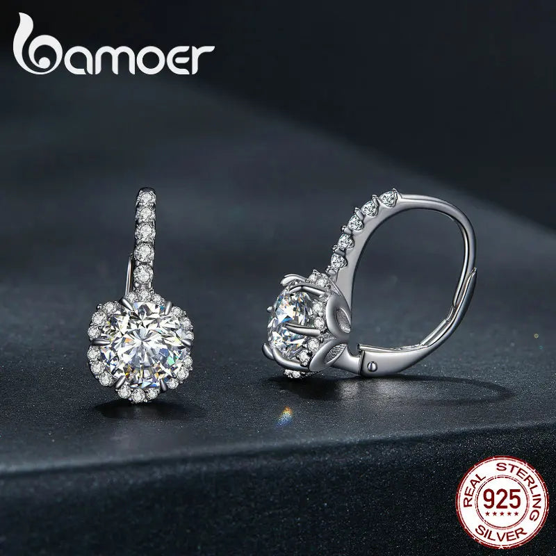 Bamoer 1CT Moissanite Ear Buckles 925 Sterling Silver Hoop Earrings for Women D Color VVS1 EX Lab Diamond Wedding Jewelry