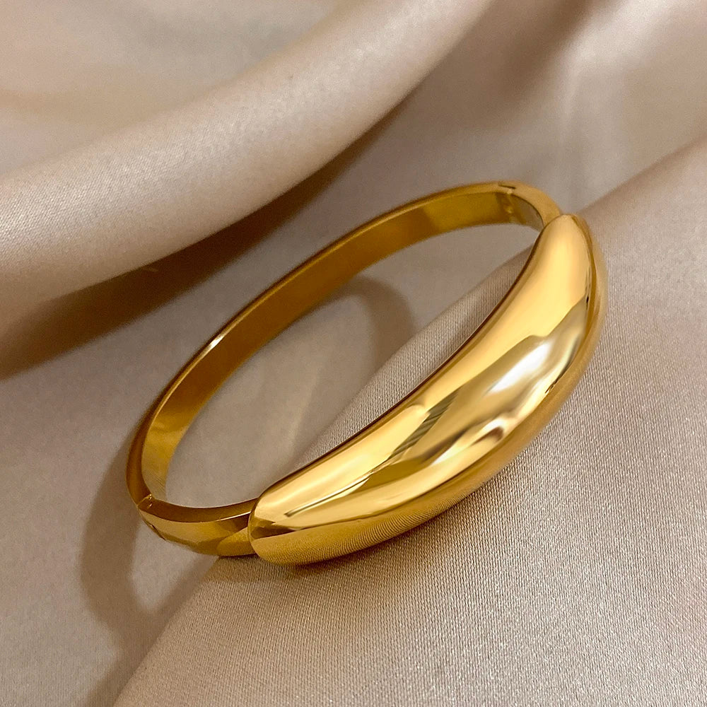 Greatera Fashion Smooth Curved Stainless Steel Cuff Bracelet Bangles for Women Gold Plated Chunky Waterproof Pulseras Jewelry