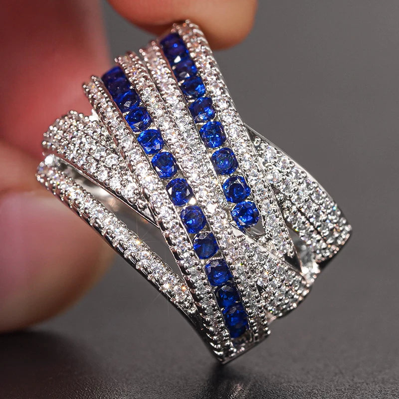 Huitan Cross Women Ring Inlaid Blue/White Cubic Zirconia Elegant Wedding Party Accessories Luxury Daily Versatile Trendy Jewelry