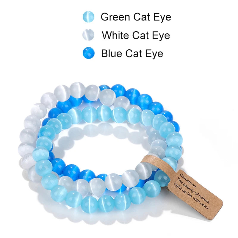 Hemasa  Cat Eye Beaded Bracelets 3Pcs/Set Natural Stone Amethyst Beads Bracelets Multicolor Stretch Bangle Women Yoga Wrist Jewelry