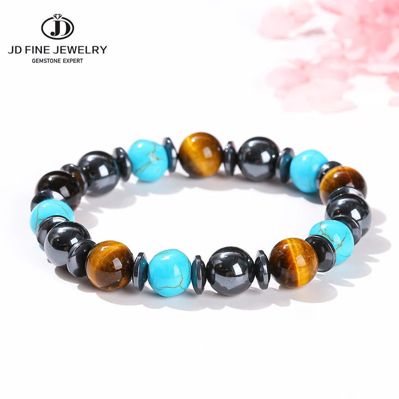JD Natural Stone Yellow Tiger Eye Black Hematite Stone Turquoise Mixed Design Strand Bracelet Women Men Reiki Energy Party Gift