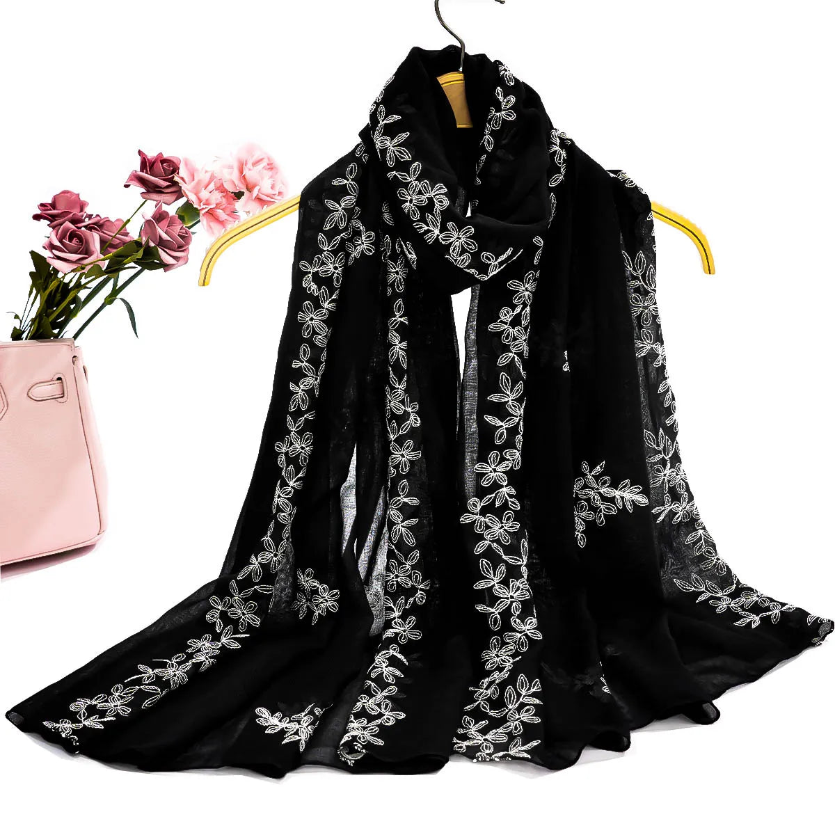 A women's fashionable embroidered embroidered soft edged thin scarf shawl