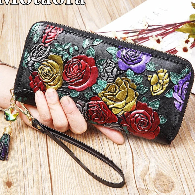 Hemasa Leather Women Wallet Large Capacity Ladies Card Holder Purse Floral Leather Wallets Long Female Coin Purse