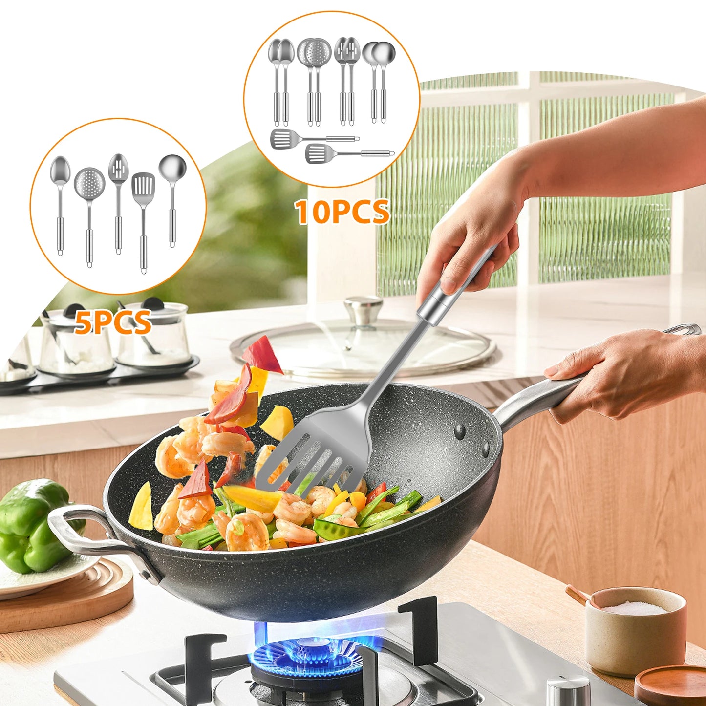 Tejesa 5/10Pcs Kitchen Cookware Cooking Utensils Set Stainless Steel Shovel Soup Spoon Utensils Dinnerware Cooking Tool Kitchen Gadgets