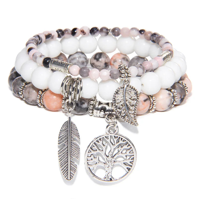 3Pcs Fashion Natural Stone Beads Bracelet 8mm Beads Tree of Life Pendant Bracelet Men Women Beaded Charm Bracelets Jewelry