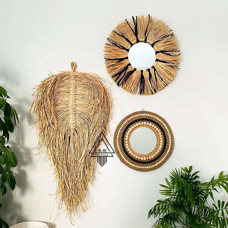 Moroccan Hemp Rope Wooden Bead Mirror Round Raffia Wall Hangings Ins Handmade Straw Decorations