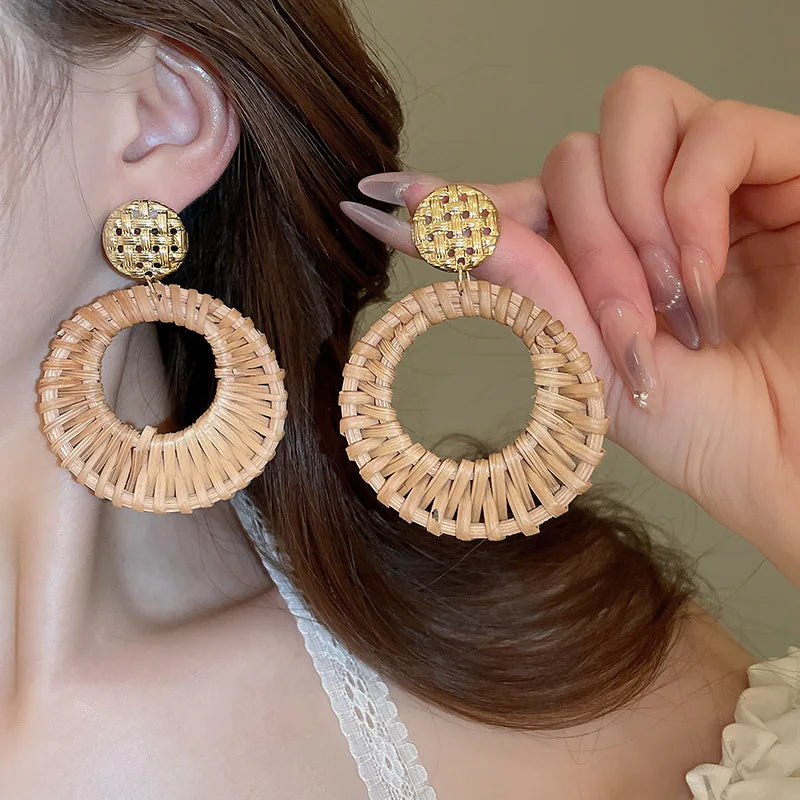 Hemasa Bohemian Straw Woven Water Drop Geometric Earrings for Women Fashion Vintage Holiday Jewelry