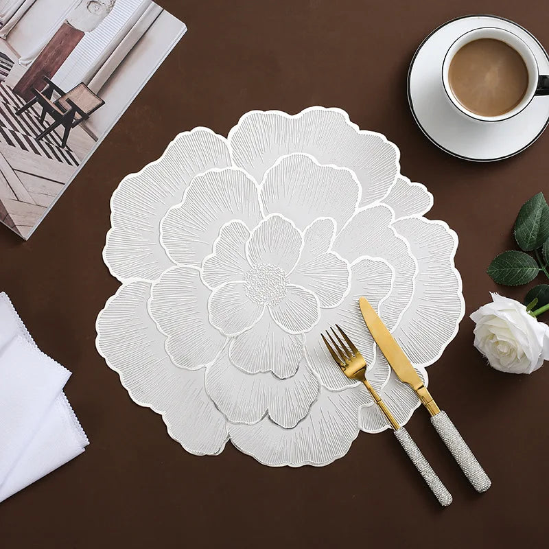 Hemasa Creative Peony Placemat Nordic Style Gold Plated Home Coasters PVC Dinning Table Decorative Mat Anti Slip Waterproof Meal Mat