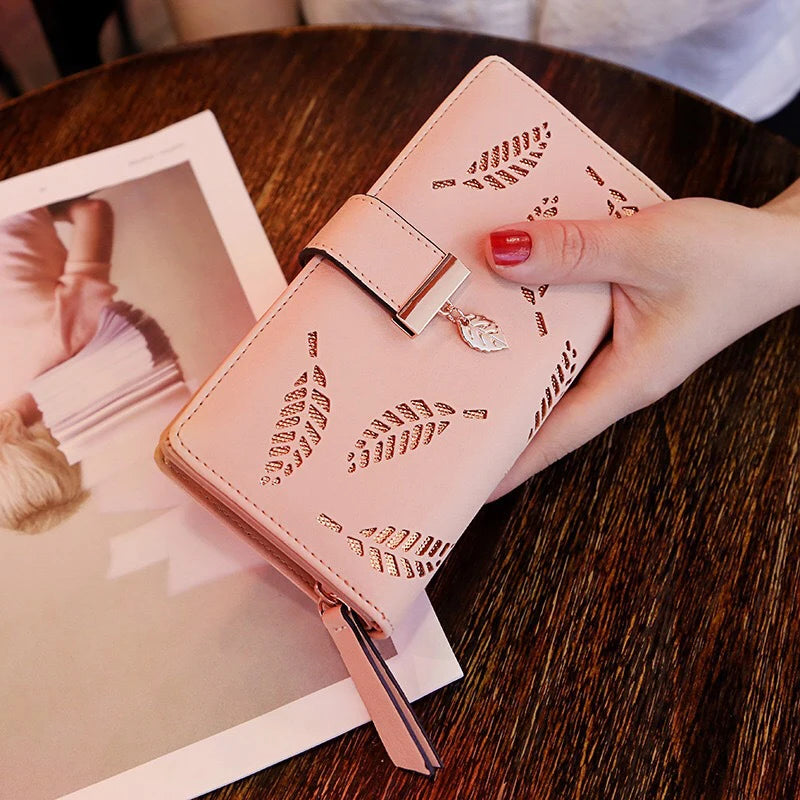 Hemasa Women Wallet PU Leather Purse Long  Wallet Gold Hollow Leaves For Women /Coin Purse/ Card Holders /Clutch