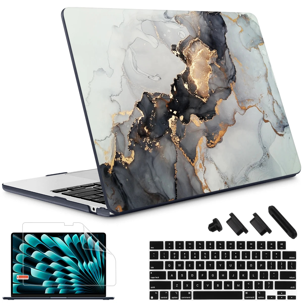 Hemasa  Black Colour Marble Plastic Laptop Case for MacBook M4 Air 13 inch A2337 A2179 A1932 Hard Shell Cover for Mac Pro 13 15 16 2022 A2338 A2251