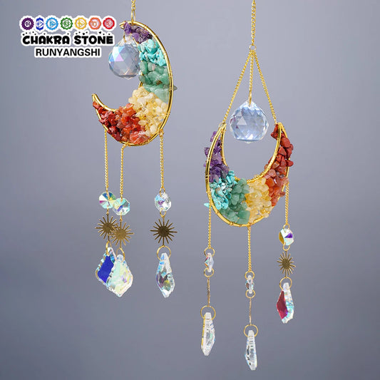 Natural Crystal Gravel Stone Moon Sun Catcher Star Rainbow Window Garden Decoration Reiki Healing Gemstones Windchime Wall Decor