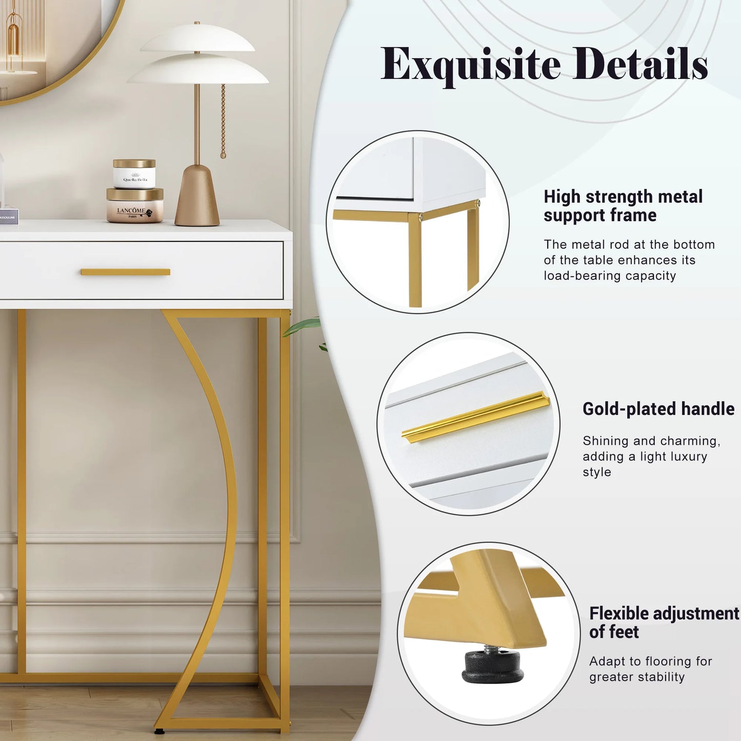 Hemasa Elegant Console Table with 2 Drawers and Metal Frame, White and Gold Finish Lightweight  Side Table for Hallway or Sofa