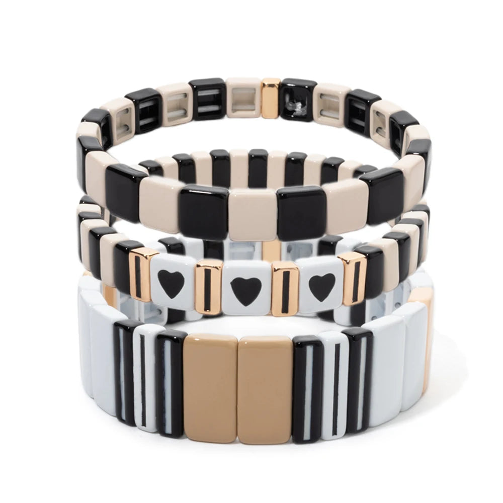 Hemasa Enamel Tile Women Bracelet Set Drip Oil Black&White Series Elastic Heart Bangle