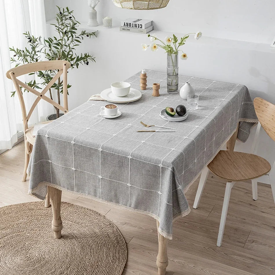 Cotton Linen Embroidery Tassel Tablecloth,Grey Large Square Dust-Proof Table Cover,for Kitchen Dinning Coffee Tabletop Decor