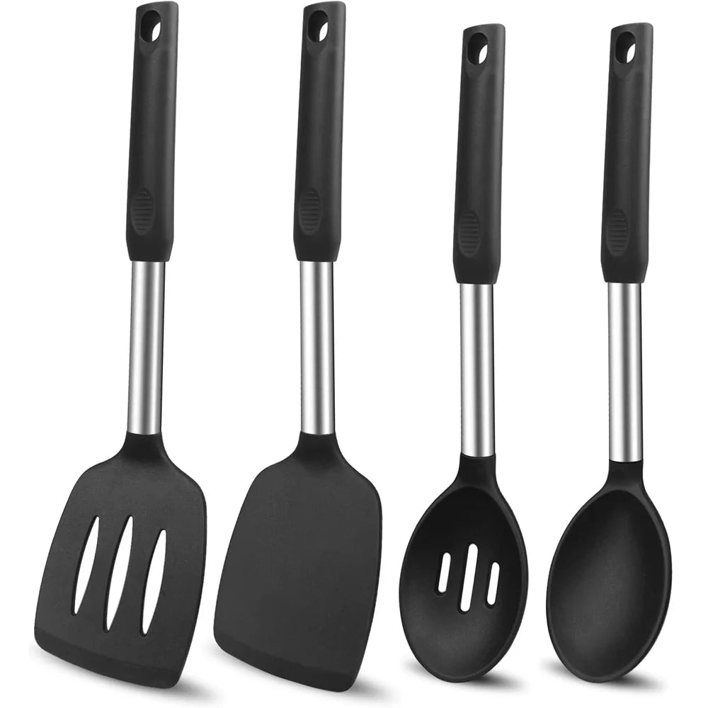 Hemasa 4 PCS Silicone Kitchen Cookware Spatula Colander Cooking Utensils /Stainless Steel Leaky Spatulas