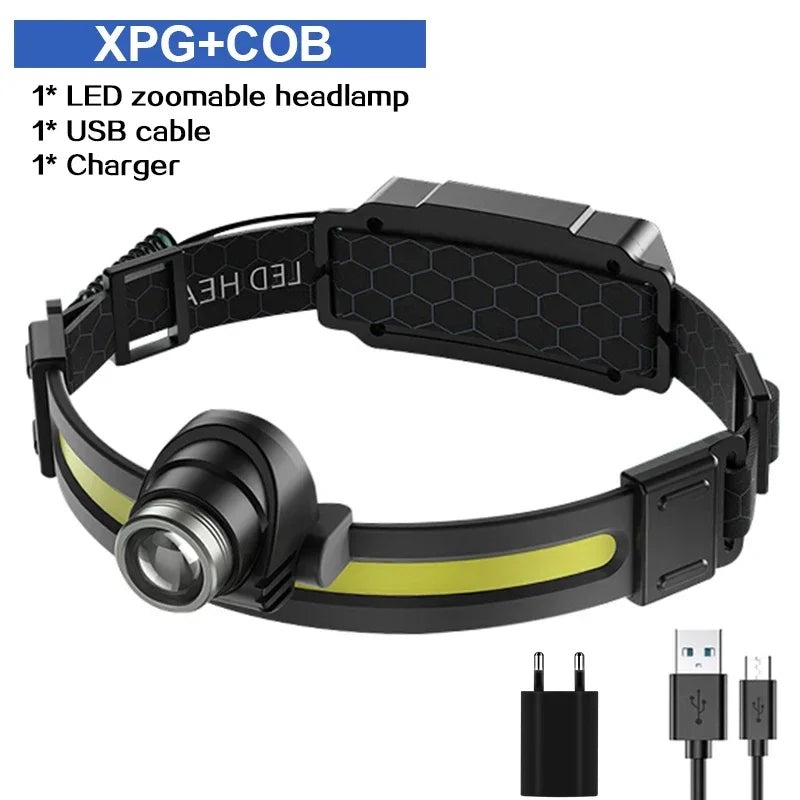 Super Bright XPG+COB Flood Sensing Headlight Type-C Charging Outdoor Zoom Fishing Hiking Lighting Headworn Flashlight
