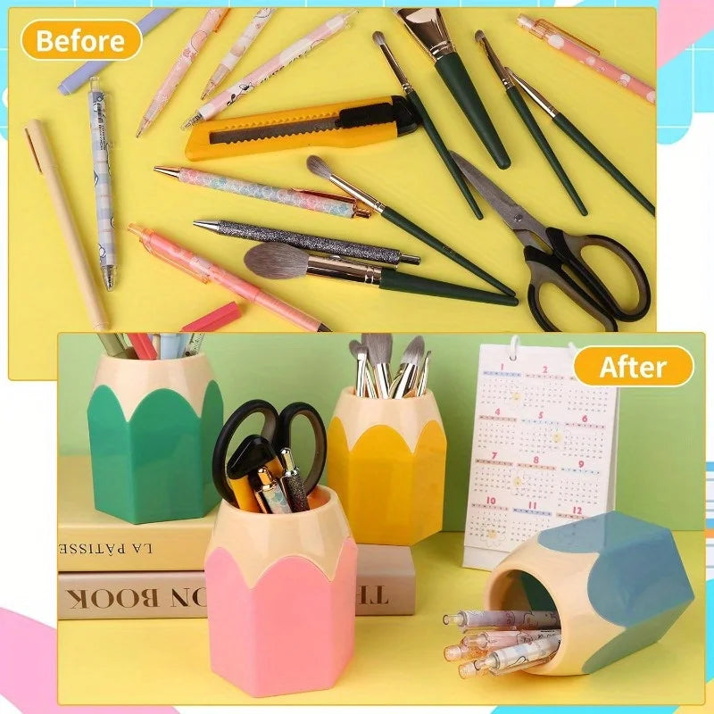 Tejesa 9/6pcs Cartoon Pencil-Shaped Desk Organizer Set | PE Plastic Pen Holder with Cup and Box, Office Colorful Stationery Storage