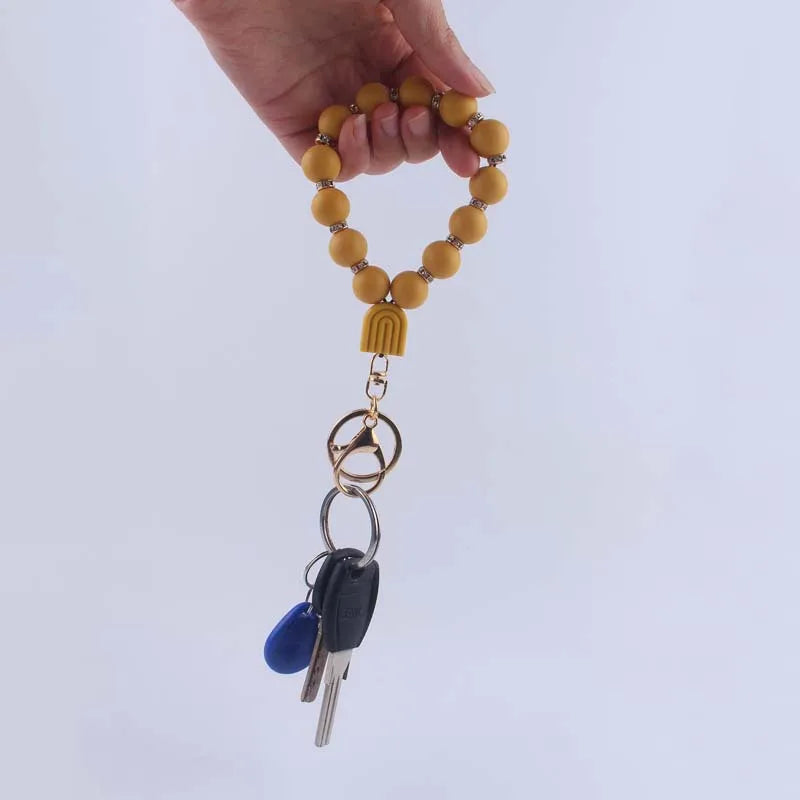 Hemasa Rainbow Bracelet Pendant Keychain Food Grade Silicone Bead Keyring/ Lobster Clasp Women Schoolbag/ Car Key Chain Jewelry