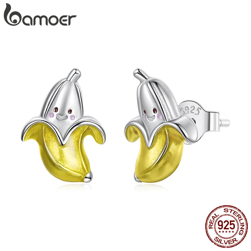 BAMOER 925 Sterling Silver Cute Banana Stud Earrings Enamel Yellow Fruit Earrings for Women Girls Funny Emotion Party Gifts