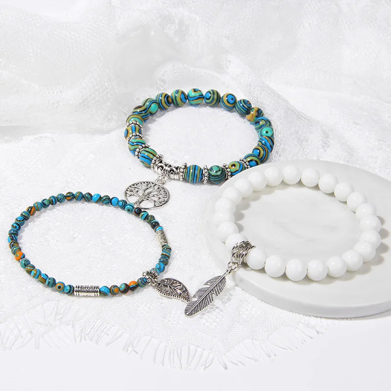 3Pcs Fashion Natural Stone Beads Bracelet 8mm Beads Tree of Life Pendant Bracelet Men Women Beaded Charm Bracelets Jewelry
