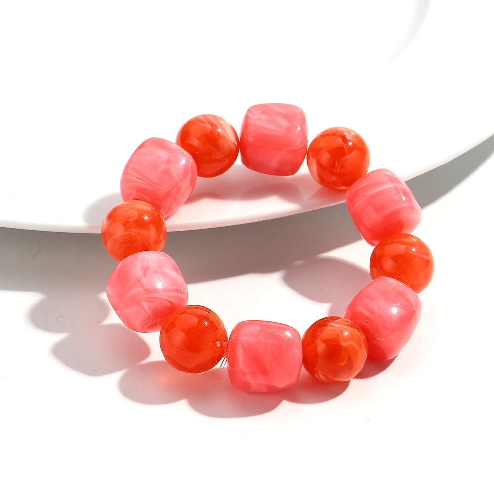Bohemian Acrylic Geometric Square Round Beads Elastic Bracelets for Women Trendy Resin Beaded Stackable Bracelet Bangle Jewelry