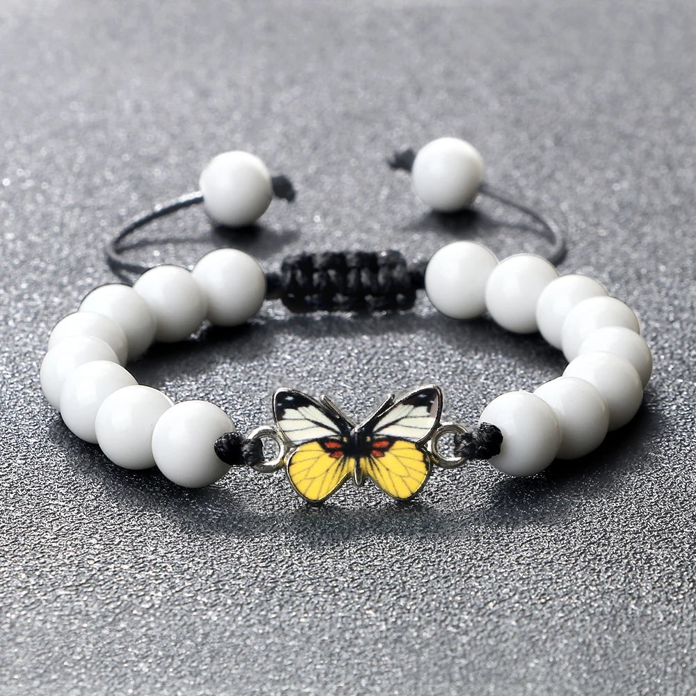 Charm Yellow Butterfly Bracelets Handamde Natural Stone Black Lava Agates Beads Yoga Bracelet Adjustable Bangles Couple Jewelry