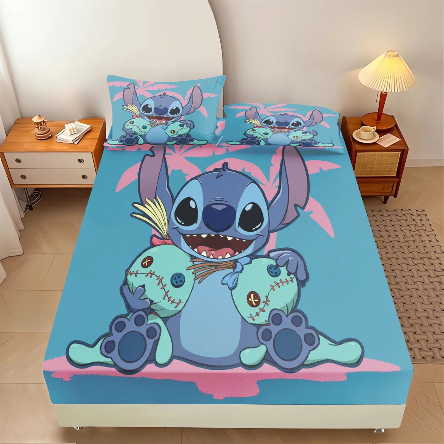 Stitch Fitted Sheet 100% Polyester Bedding Set With Pillowcase Suitable For Children And Adults Anime Kawaii
